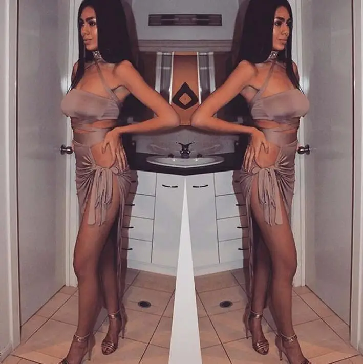 

Irregular Split Halter 2 Piece Dresses Solid Sexy Strapless Nightclub Wear Dresses Fashion Lady Vintage Clothes Hot Sale