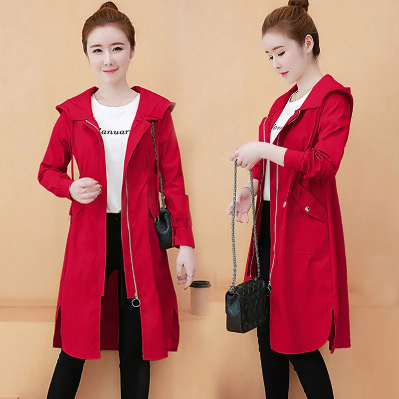 

#5662 Spring Autumn Hooded Trench Coat For Women Slim Cotton Thin Windbreaker Ladies Windbreaker Side Split Long Coat Woman