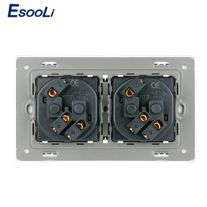 Esooli 16A Double French Standard Wall Socket Crystal Glass Panel Power Outlet Grounded With Child Protective Door 146*86mm |