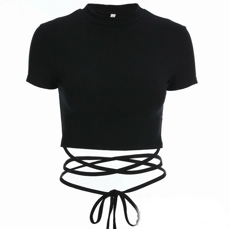 

New Fashion T-Shirt Summer Short Sleeve Top Slim O-neck Bandage Fitness Black Shirt Gothic Elastic Cropped Shirt Women Clothing