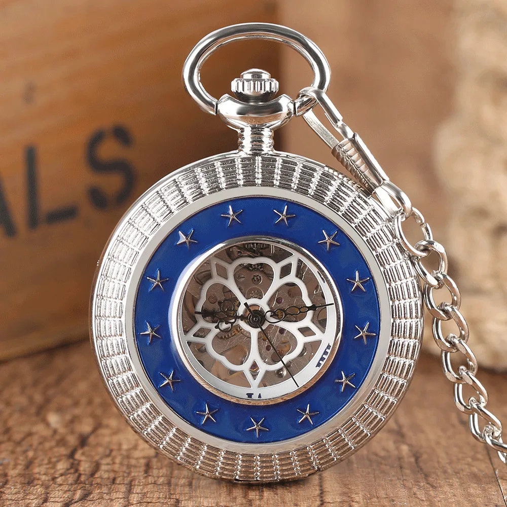 Luxury Manual Mechanical Pocket Watch Silver/Gold/Bronze Stars Decor Half Hunter Antique Hand Winding Mechanism Pocket Timepiece