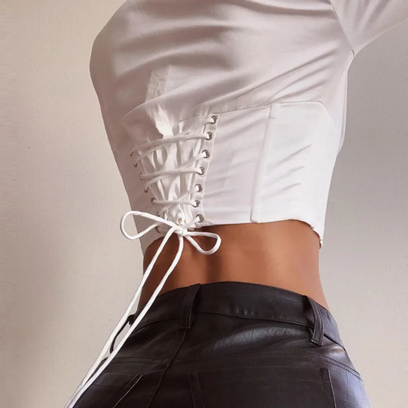 

Lace Up White Sexy V-Neck Women Tops and Blouses Long Sleeve Fashion Crop Tops Shirts Ladies Blouses Streetwear