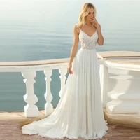 beach chiffon wedding dress 2022 simple spaghetti straps a line lace appliques detachable open back bridal gown custom made