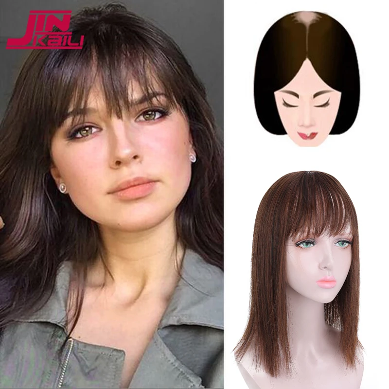 

JINKAILI синтетические короткие прямые волосы Topper с невидимой 3D челкой удлинители волос на клипсе для женщин черный коричневый парик