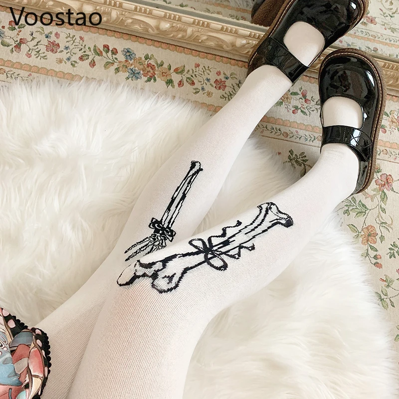Gothic Scary Bone Print Lolita Stockings Women Autumn Winter Overknee Socks Girls Thicken Stocking Japanese Chic JK Skinny Socks