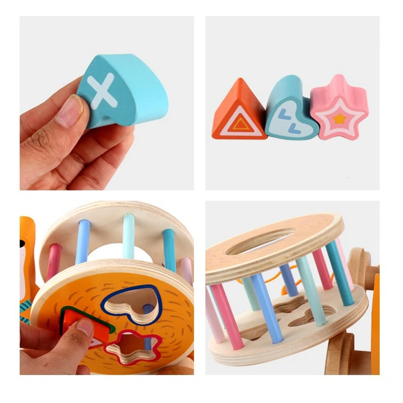 

Fun Learning Cartoon Animal Trailer Wood Toy Shape Matching Cognitive Wooden Building Blocks Toys for Children