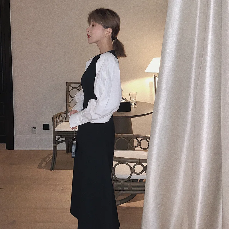 Женское винтажное платье в стиле пэтчворк два контрастных цвета с пышными