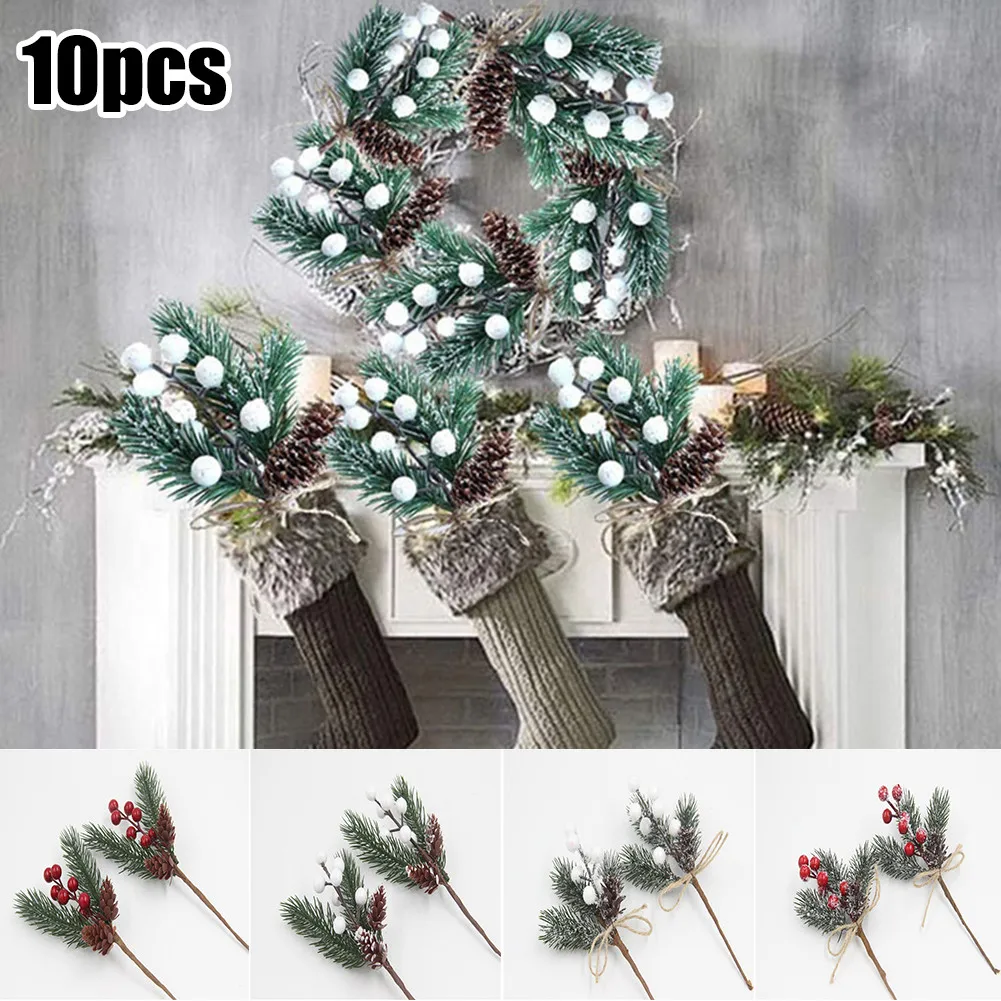 

10PCS Christmas Artificial Pine Snowy Flower With Berries Picks DIY Crafts Christmas Tree Xmas Ornament Decoration Home Party De