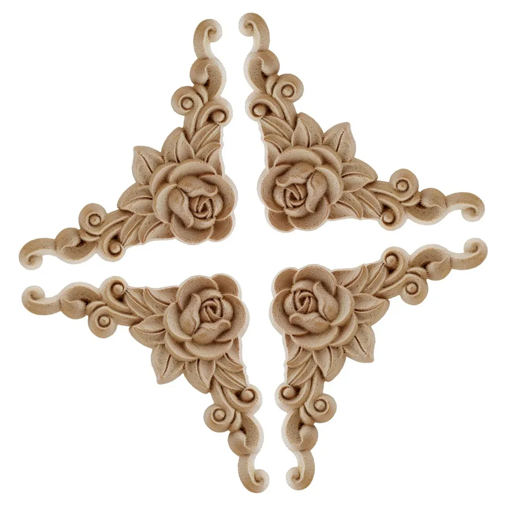 

4Pcs Natural Floral Wooden Figurines Crafts Wood Carved Corner Appliques Frame Wall Door Furniture Woodcarving Decorative