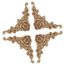 4pcs Wooden Carved Corner Flower Crafts Onlay Applique Door Wall Decal Home Decor European Style Cabinet Furniture Decoration