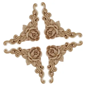 4pcs wooden carved corner flower crafts onlay applique door wall decal home decor european style cabinet furniture decoration free global shipping