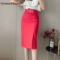 2021 new women black skirts high waist split elegant red midi skirt office lady stretch wrap hip pencil skirts female