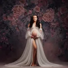 Шикарные тюлевые платья для беременных с жемчужинами пышные рукава сексуальные открытые спереди просвечивающие бисером сердечки ручная работа размера плюс Беременные платья