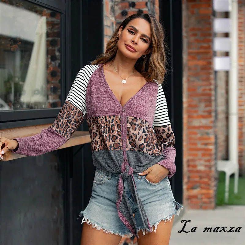 

Plus Size Sexy Women T-shirts 2020 Autumn Fashion Patchwork Deep V-neck Long Sleeves Tops