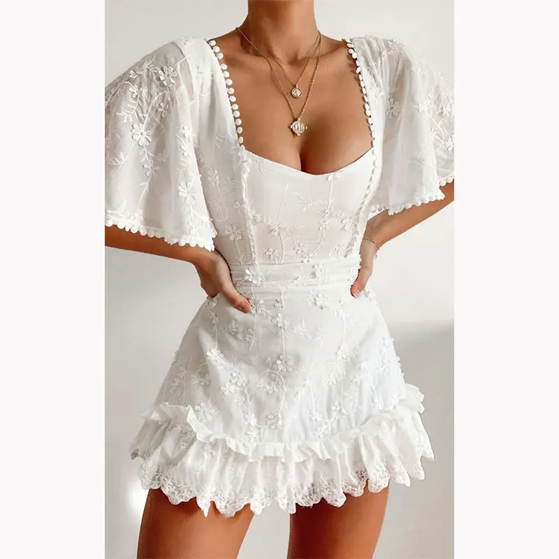 

White Birthday Dress For Women Zipper A-LINE Cotton Square Collar Flying Sleeve Three-Dimensional Decoration Fashion Lace Skirt