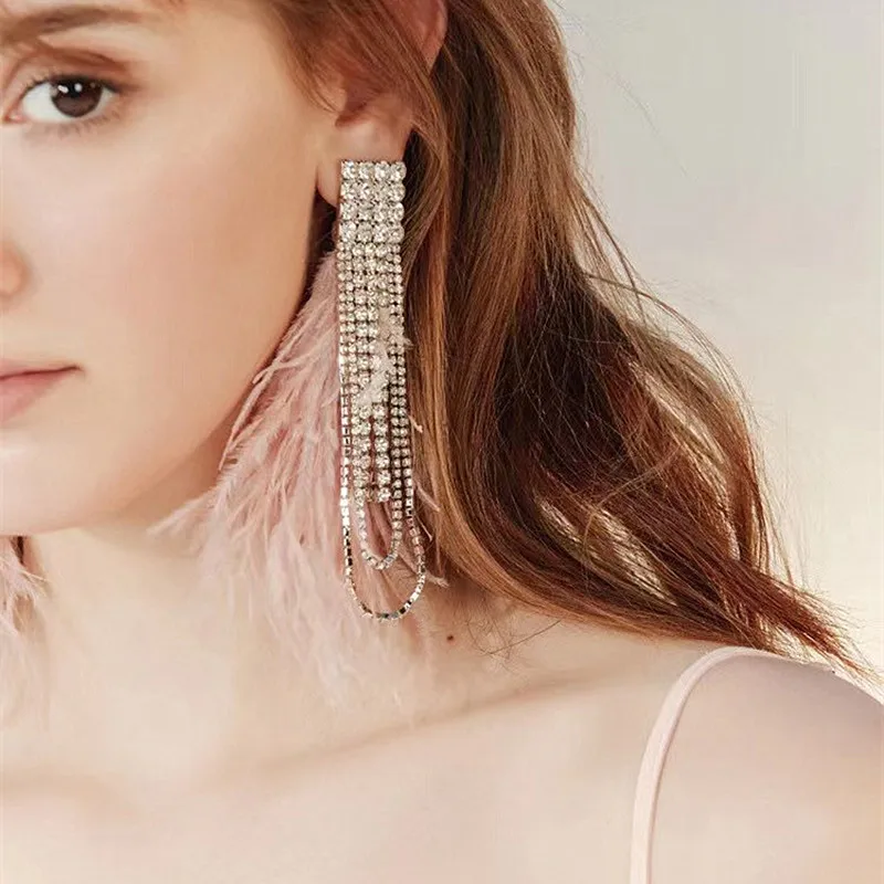

New Shiny Rhinestone Long Tassel Claw Chain Pendant Women's Earrings Dinner Party Wedding Fashion Luxury Jewelry Accessories