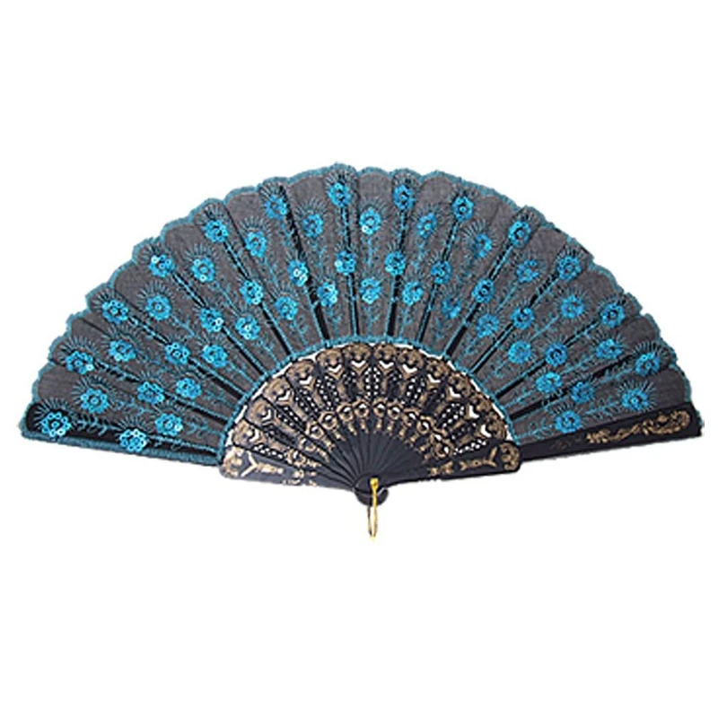 

Peacock Pattern Sequin Fabric Hand Fan Decorative Blue Color