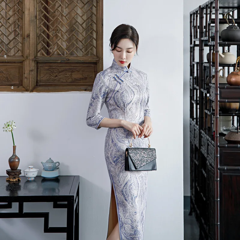 

Autumn Fashion Long Cheongsam Chinese Style Dress Womens Slim Seven Points Sleeve Qipao New Arrival Vestido Oversize 5XL