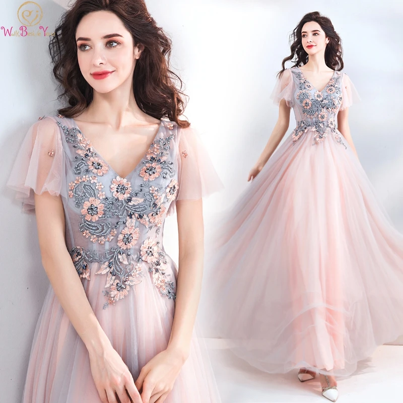 Женское длинное вечернее платье элегантное розовое ТРАПЕЦИЕВИДНОЕ ПЛАТЬЕ С V