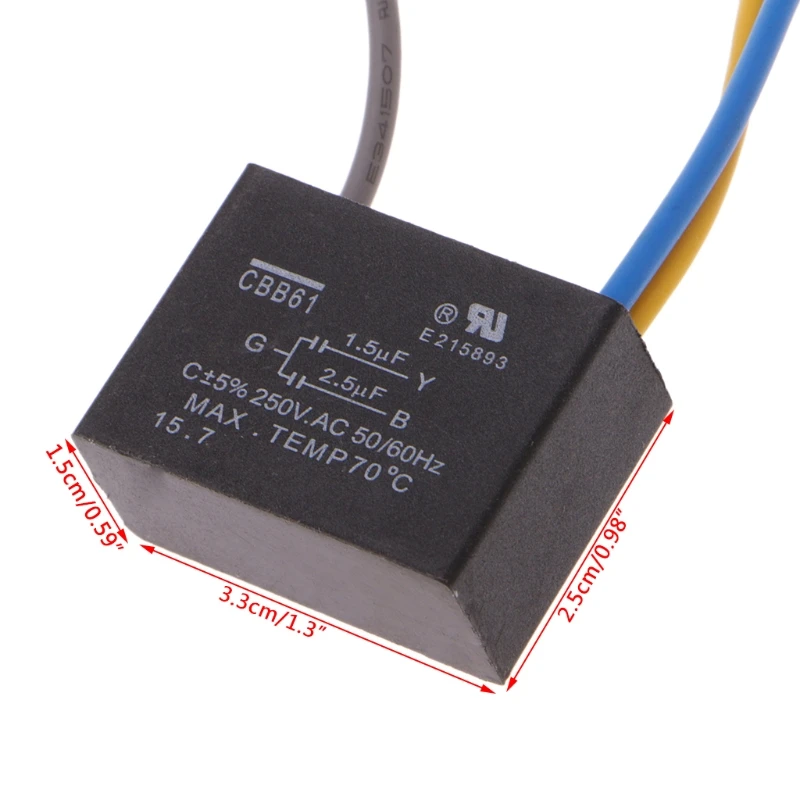

Black CBB61 1.5uF+2.5uF 3 Wires AC 250V 50/60Hz Capacitor For Ceiling Fan W3JB