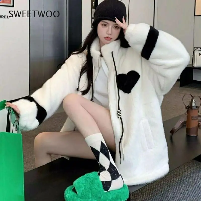 Autumn and Winter Standing Collar Drawstring Imitation Mink Lamb Baseball Suit Loose One-Piece Plush Thick Leisure and Warmth