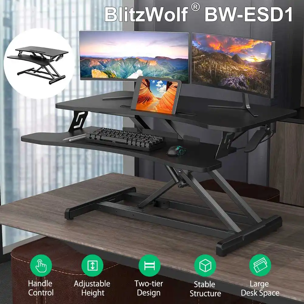 

Регулируемый подъемный стол BlitzWolf для ноутбука, складной, изогнутый дизайн, двухъярусный пневматический подъемный стол, подставка с против...