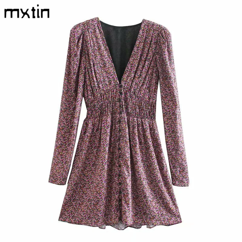 

MXTIN 2021 Women Chic Fashion Floral Print Mini Dress Vintage V Neck Long Sleeve Elastic Waist Female Beach Dresses Vestidos