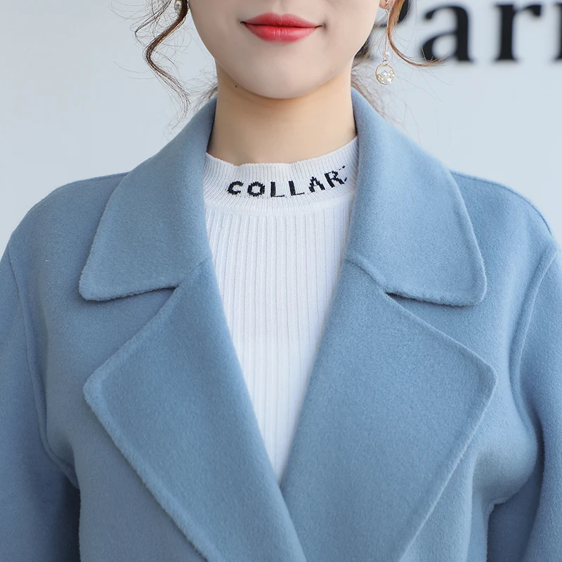 Зимнее классическое пальто двухстороннее шерстяное женское синее черное