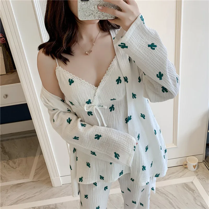 Осенняя пижама из чистого хлопка Женский свежий милый пижамный комплект 3