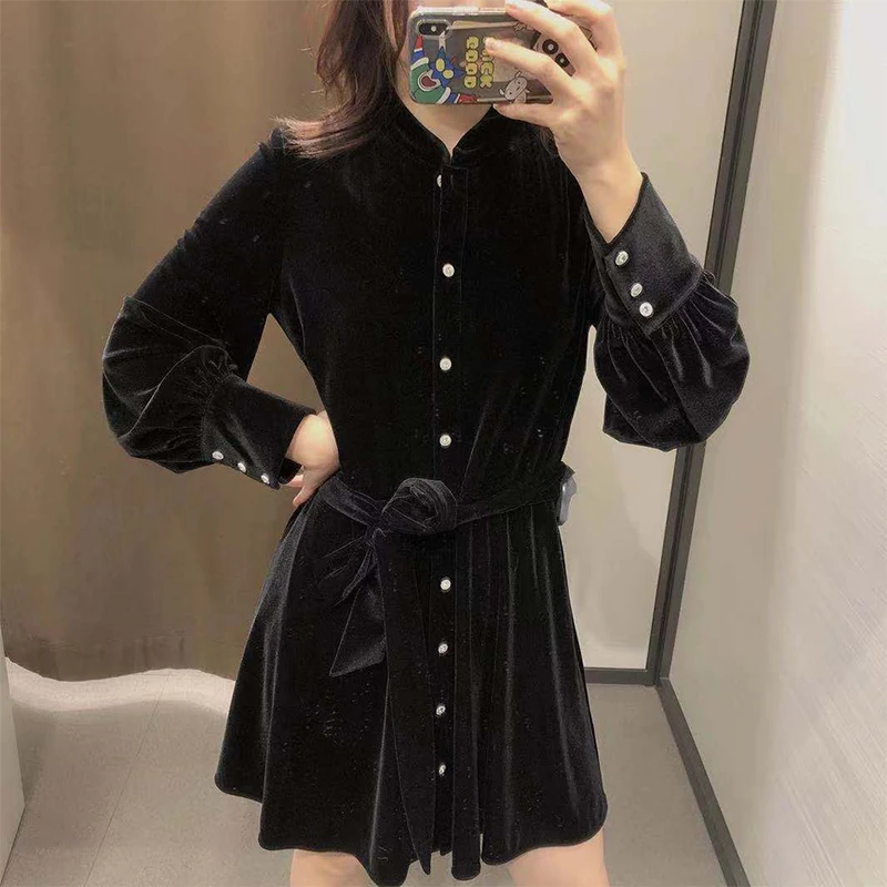 

ZA 2020 new O-Neck Velvet Shirt dress long sleeves Woman MINI dress slim waist chic Single breasted party dress mujer