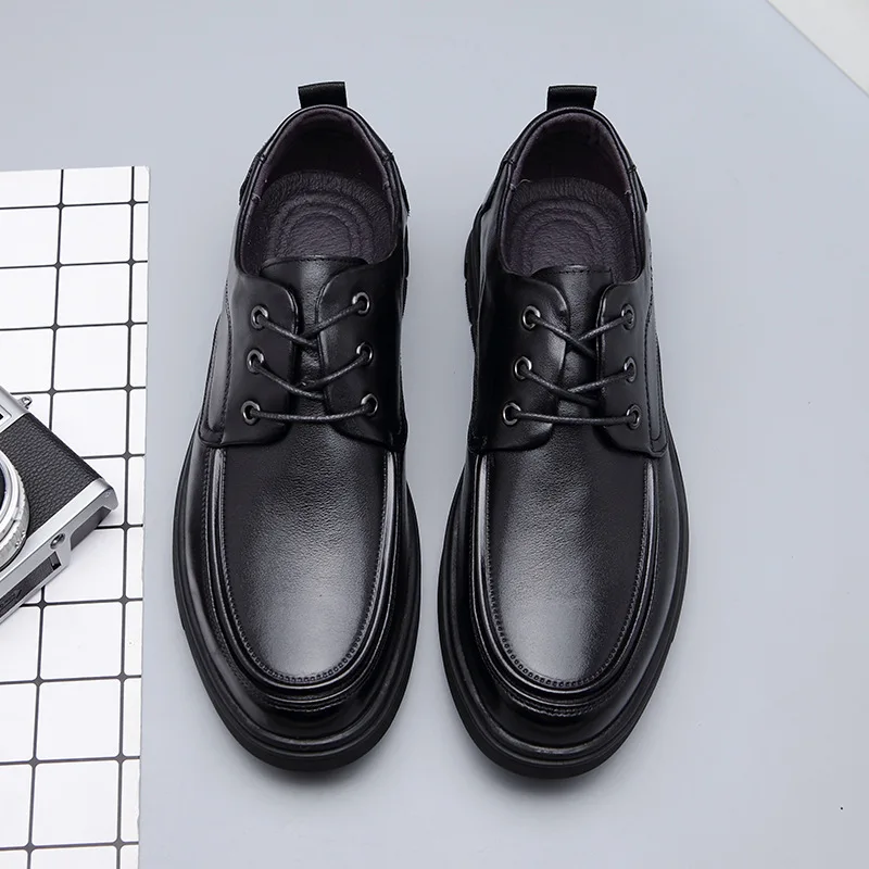 

Туфли мужские из натуральной воловьей кожи, дышащие деловые, на резиновой подошве, со шнуровкой, классические, черные