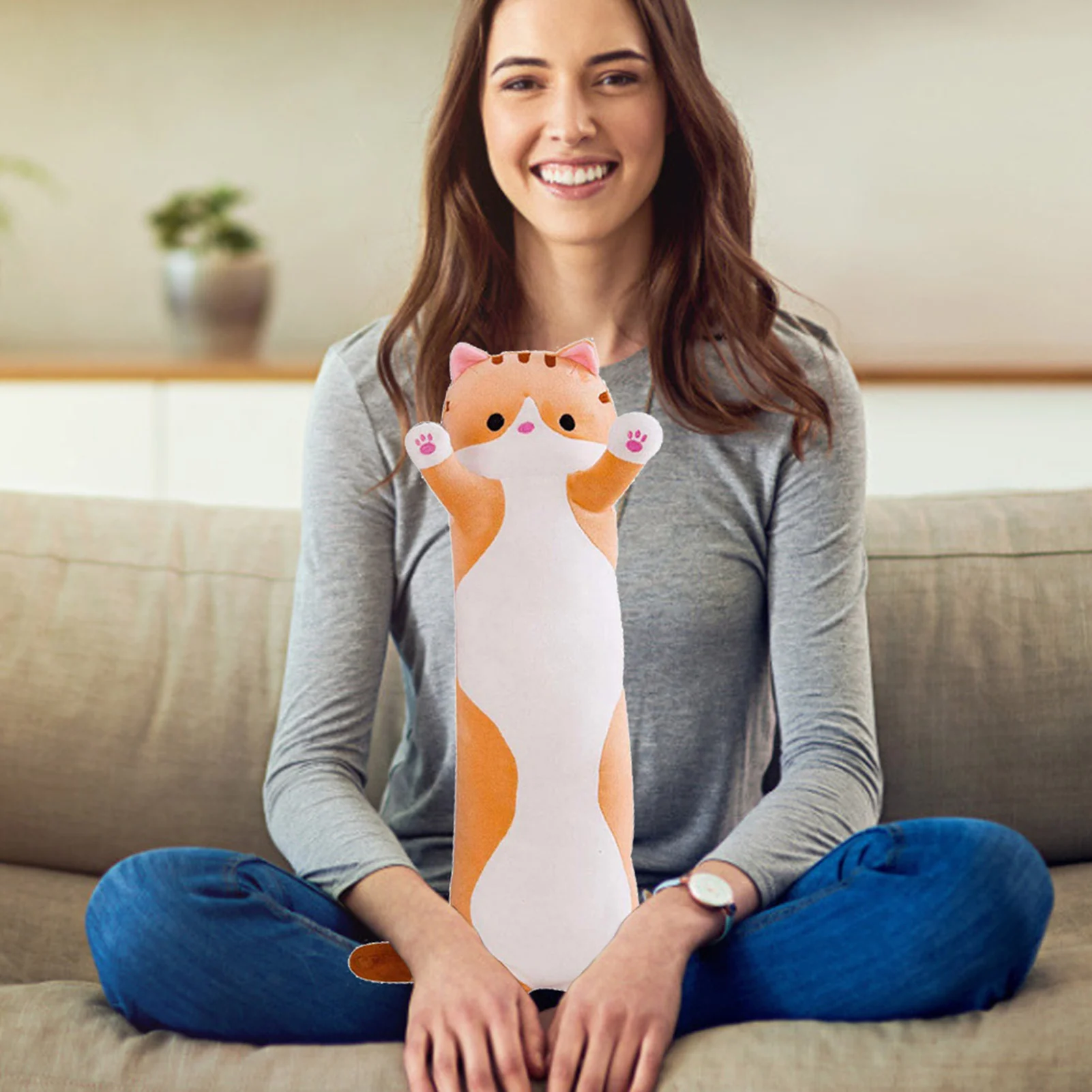 

Cute Soft Long Cat Plush Toys Animal Kitten Doll Stuffed Creative Pause Office Lunch Nappy Pillow Stuffed Sleep Pillows Kids Toy