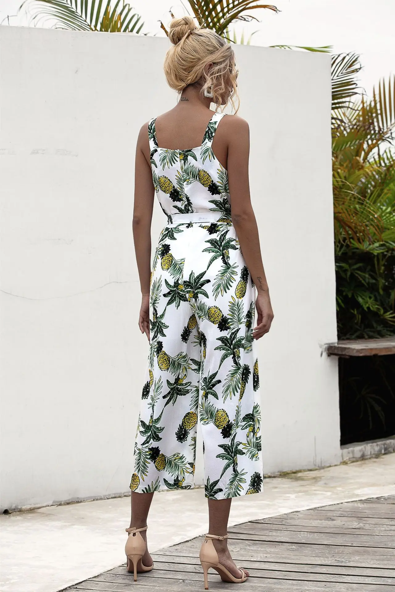 

Floral Print Rompers Calf Length Pants Jumpsuits Women Boho Chiffon Beach Wide Leg Overalls Sleeveless Jumpsuit Casual Pocket