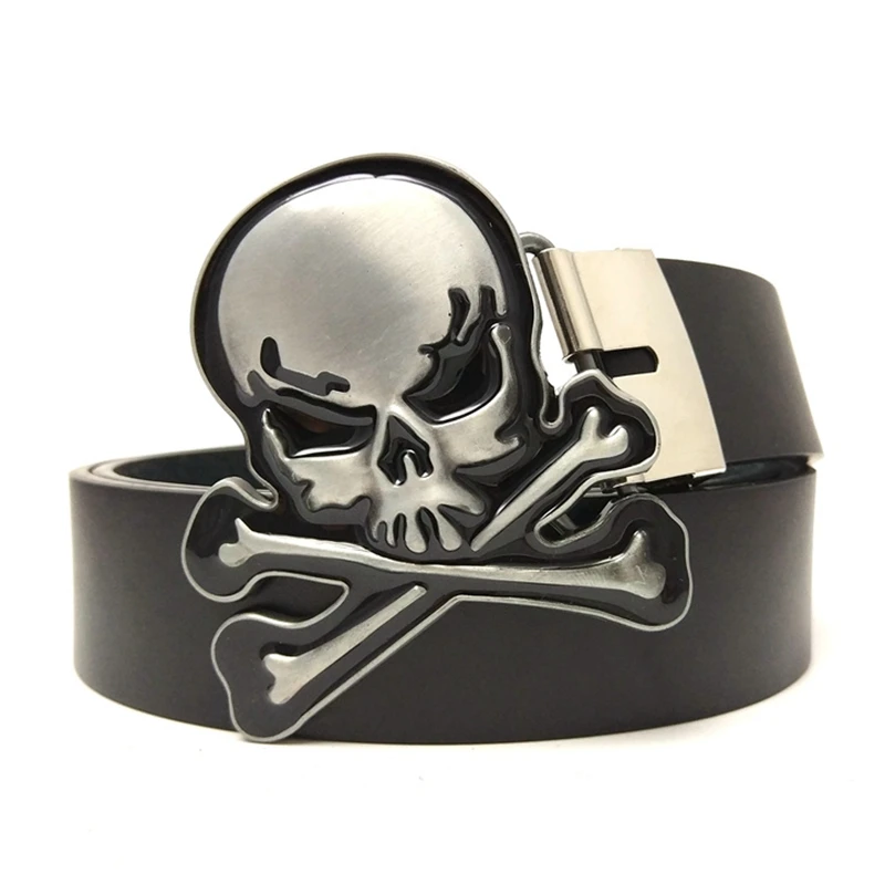 Casual Black Hip Waist Belts for Men Boys Punk Rock Skull with Bones Silver Metal Buckle Western Cowboy Accessories Fashion Gift