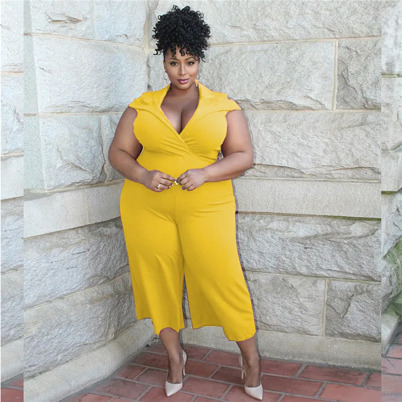 

Yellow Plus Size XL-4XL Playsuits Women V Neck Short Sleeve Jumpsuit 2020 Rompers Wide Leg Pants Pantalon