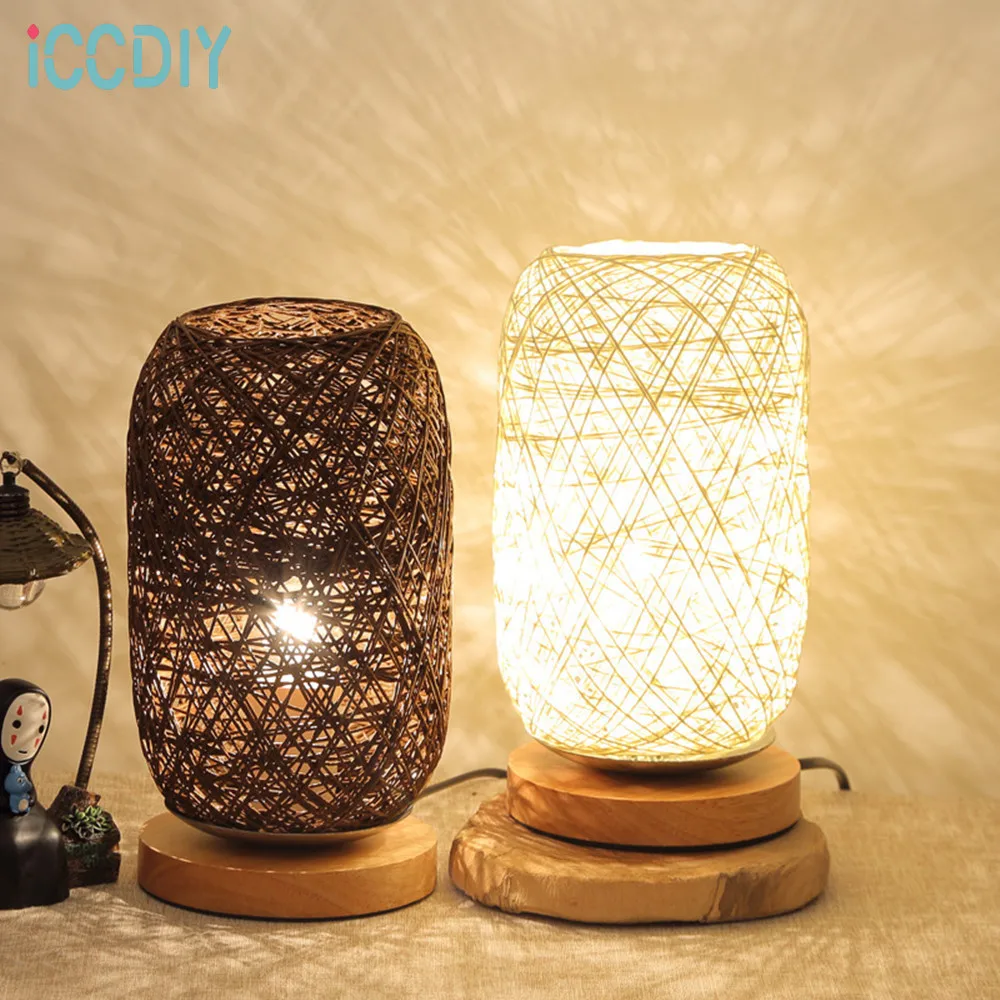 

Nordic Wood Table Lamp Living Room Bedroom Bedside Lamps Art Decoration Desk Rattan Twine Lamp Ball Lights USB Charging