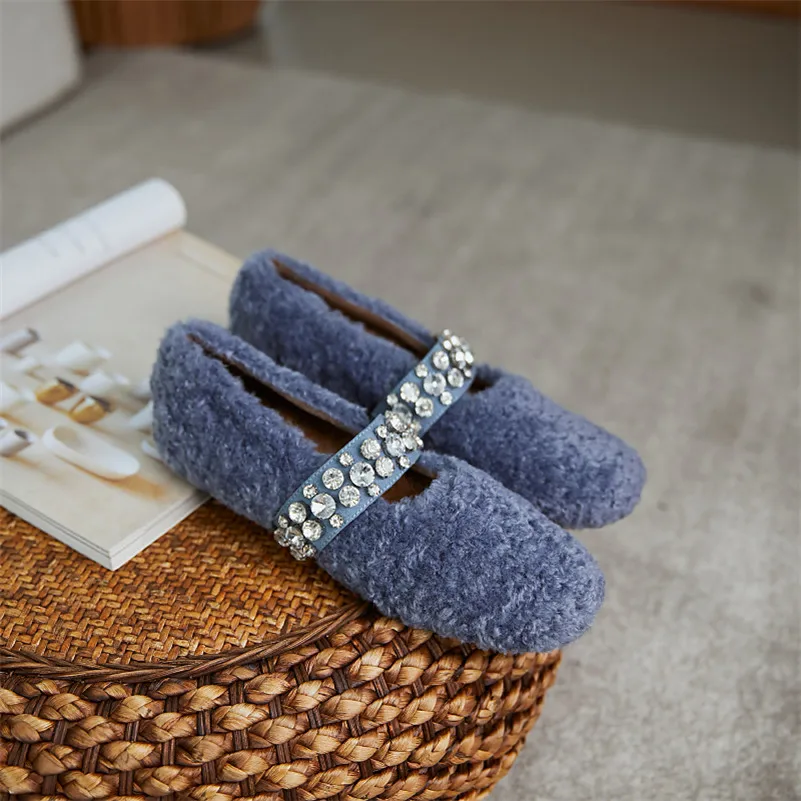 

Meotina Women Shoes Real Wool Flat Shoes Round Toe Casual Shoes Fashion Crystal Ladies Footwear Winter Warm Beige Large Size 40