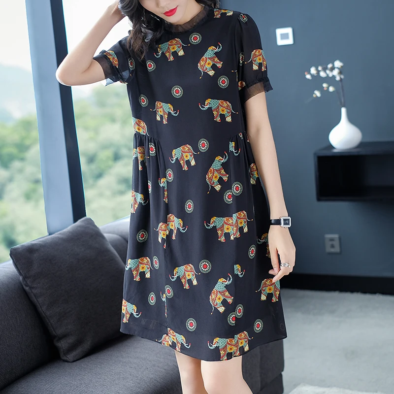 100% Real Silk Black Women's Dresses 2022 Summer Elegant Fashion O-neck Short Sleeve Vintage Print Loose Woman Straight Dress | Женская