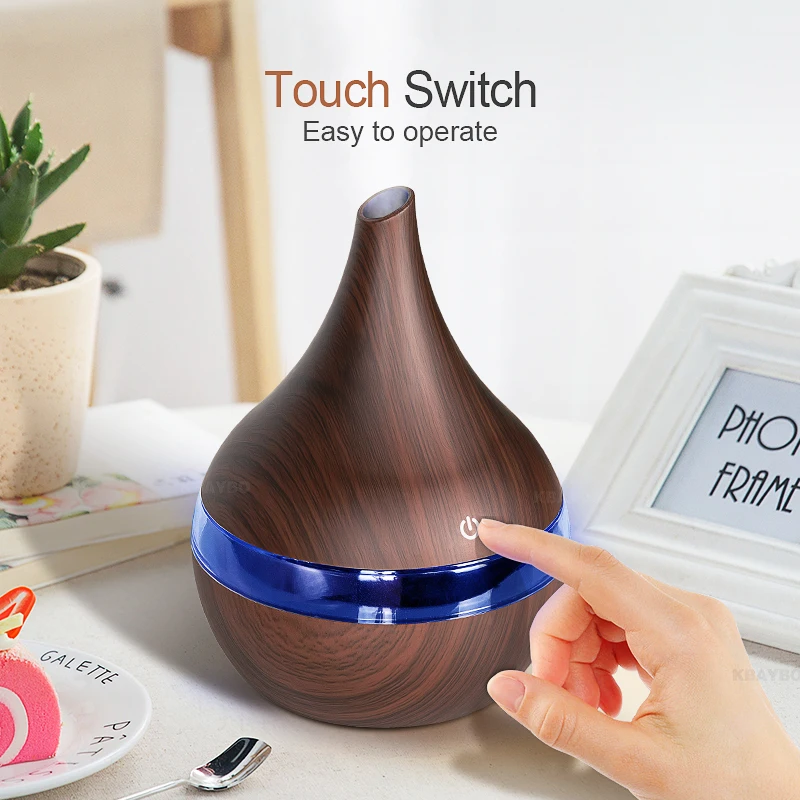 

KBAYBO 300ml USB Ultrasonic humidifier Electric Aroma diffuser wood grain cool mist maker with 7 colors lights for home