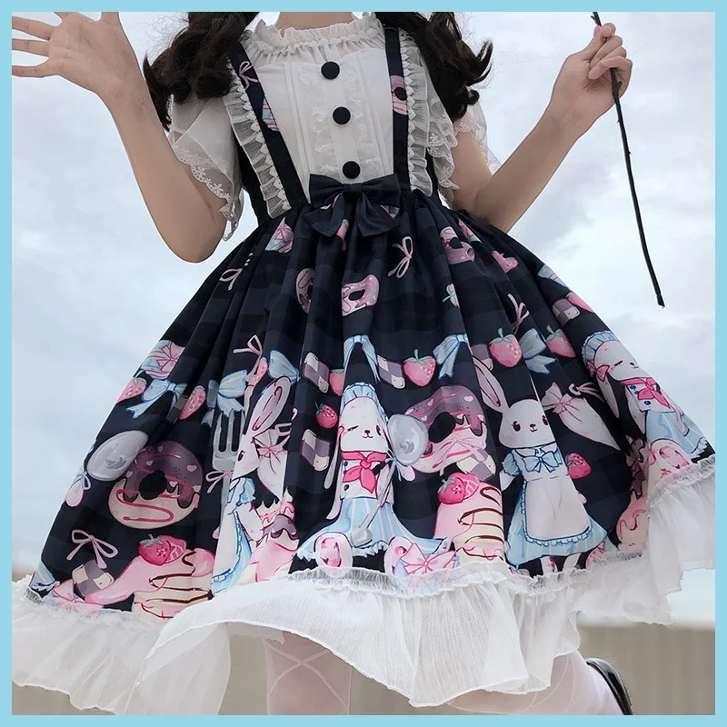 

Summer Sweet Lolita Dress Student Cute Rabbit Loli Princess Dresses Japanese Soft Sister SK Blue Black Chiffon Suspender Skirt