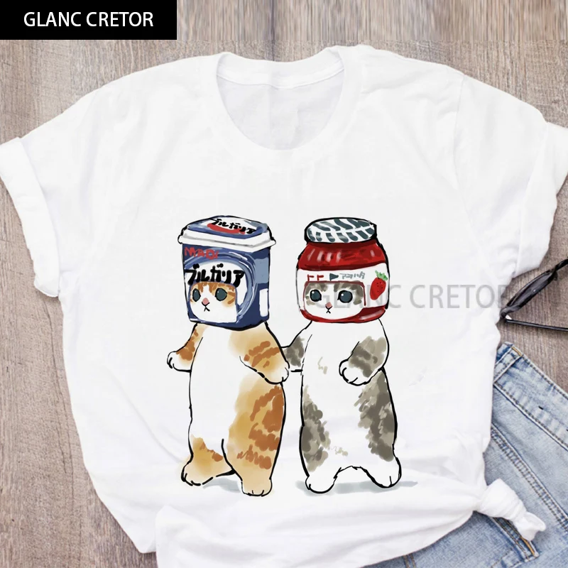 

2021 Harajuku Kawaii Cute Animal Nice Cat Print Summer New Women T-Shirts T-shirt Causal O-Neck Short Sleeve Tops