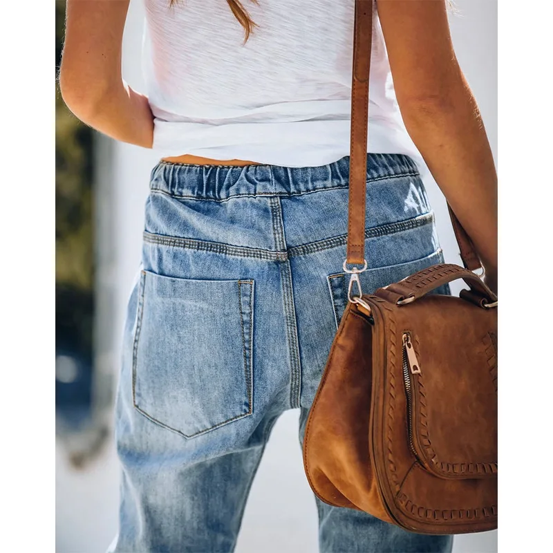 

Donsignet Fashion Women's Jeans Style Ripped Drawstring Retro Jeans Straight Leg Thin Full Length Plus Size Woman Jeans