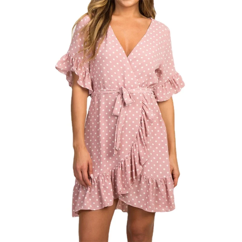 

Short-sleeve Wave Point Dresses Women Pink Boho Lace Up Lace Up Shirt Dress Beach Ruffle Summer Chiffon Dress Vestido Feminino