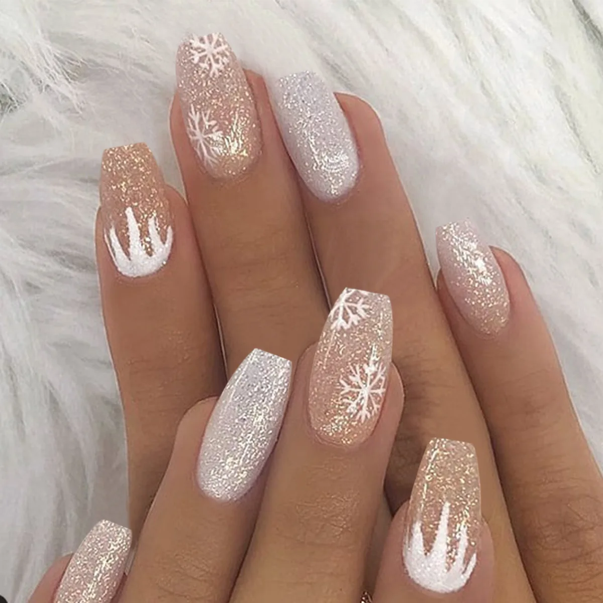 

24Pcs Snowflake Elk Designs Acrylic Full Cover Stiletto Daisy Fake Nails DIY French False Nail Art Tips Press On Nail Removable