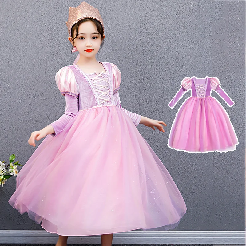 

Girls Rapunzel Dress Kids Long Sleeve Tangled Clothes Children Carnival Christmas Fall Autumn Costume Girl Wig and Accessories