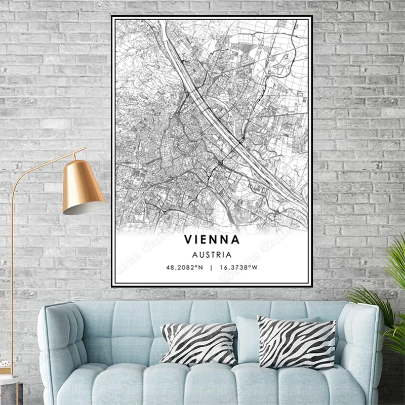 Черно-белая карта австрийского города вены плакат HD печать на стене искусство