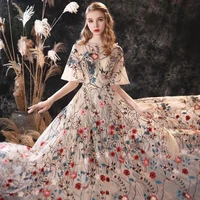 ever pretty prom dress o neck floral print dress birthday party dress beauty evening dress with long train applique dresses