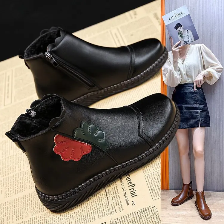 

Women Retro Shoes Woman 2021 Autumn Winter PU Leather Women Wedge Heels Shoes Female Warm Fur Casual Snow Boots Shoes