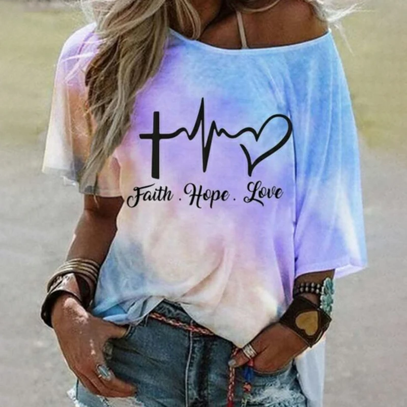 

T Shirts Women Tie Dye Letter Print Tops Summer Casual Ladies Cold Shoulder Short Sleeve O Neck Harajuku Oversize Shirts Y2k Top