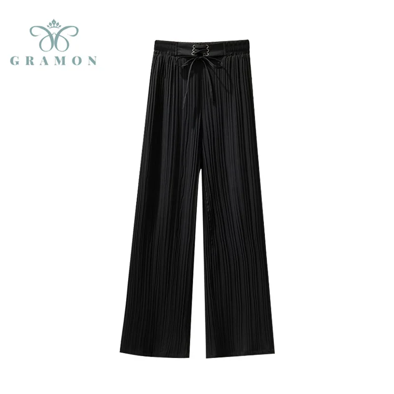 

2021 Summer Wide Leg Pant Women Casual Elastic High Waist Vintage Loose Long Pants Pleated Pant Trousers Female Korean Plus Size